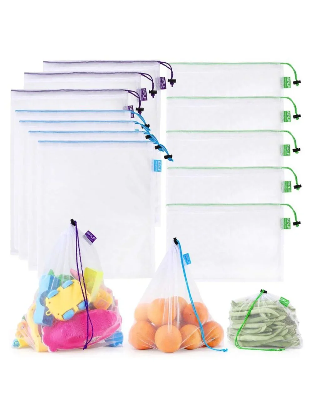 12pc Reusable Mesh Produce Bags Drawstring Polyester Food Storage